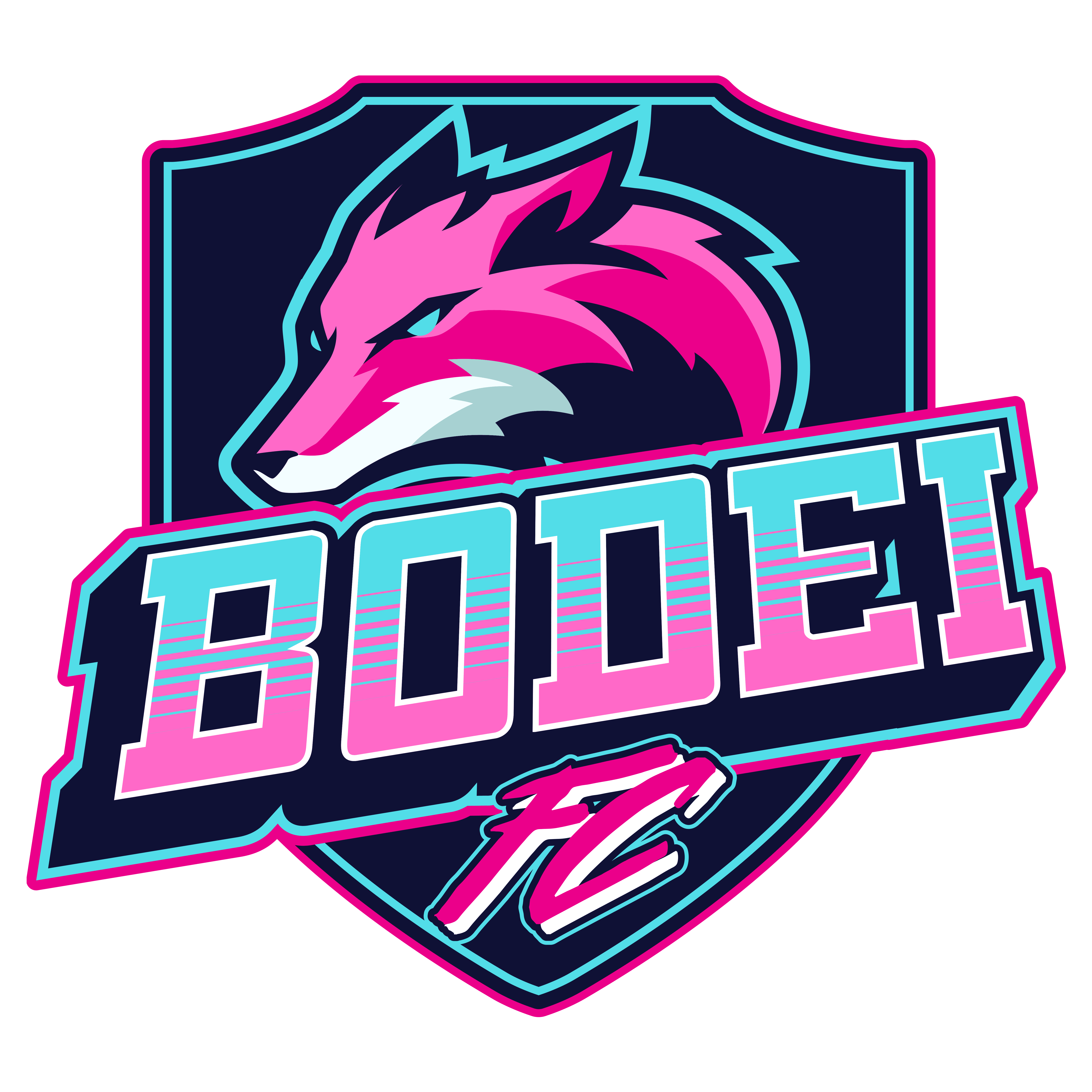 Bodei FC Logo. A badge with a fox and Bodei FC inside of it in teal and pink.