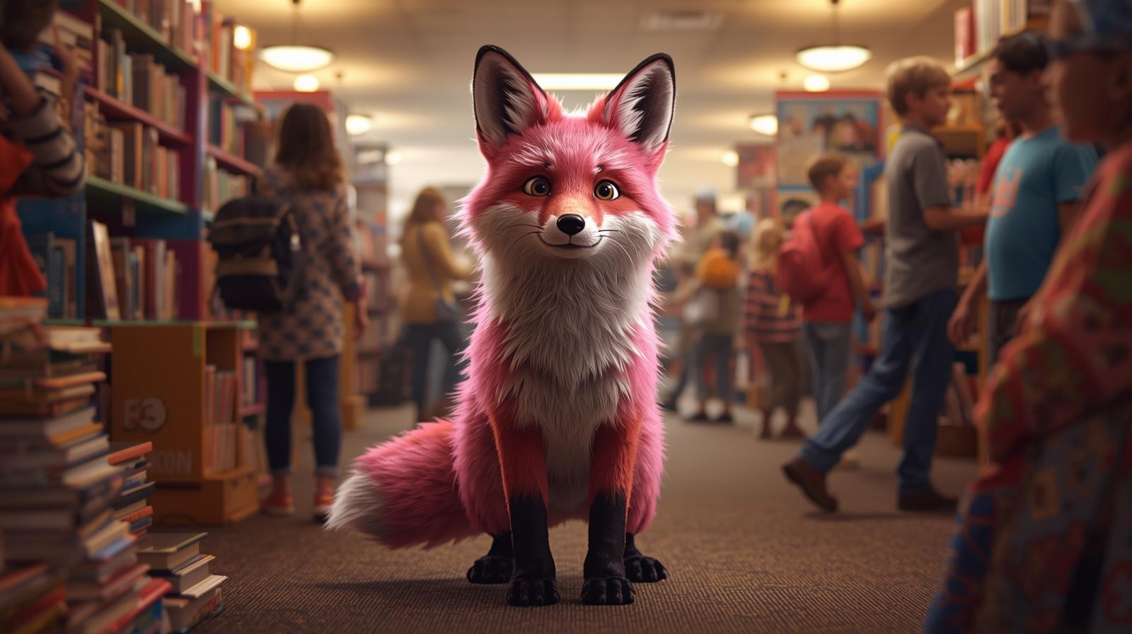 Hot pink fox walking in a library with kids around.