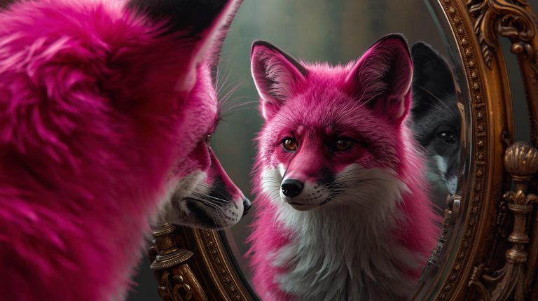 A-realistic-fox-that-is-hot-pink-looking-into-the-mirror-with-their-reflection-being-a-black-and-white-fox-looking-back