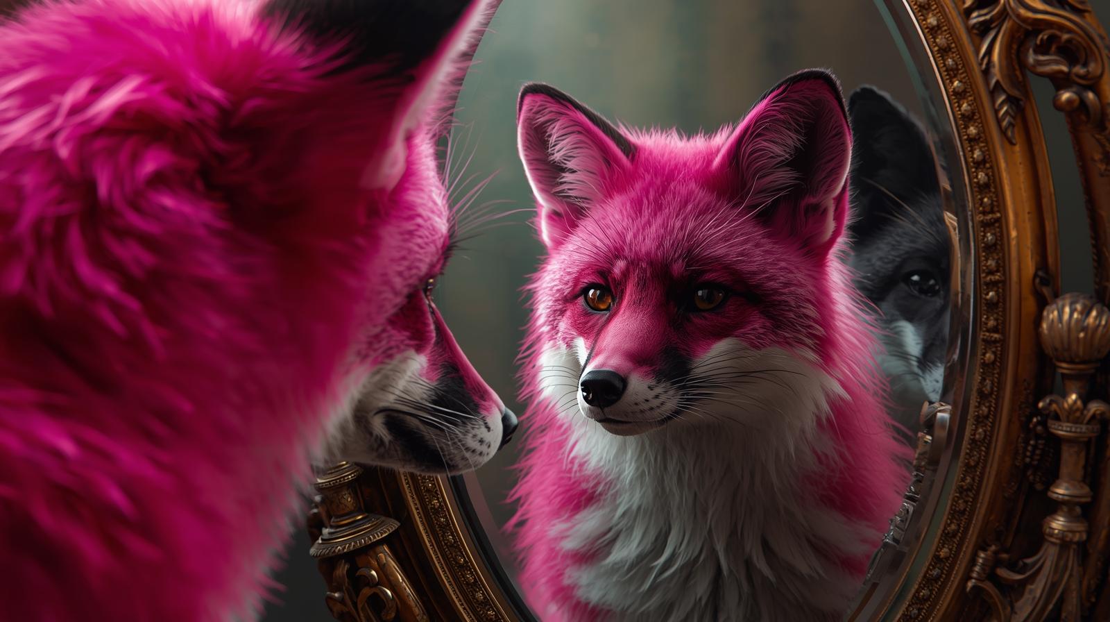 A-realistic-fox-that-is-hot-pink-looking-into-the-mirror-with-their-reflection-being-a-black-and-white-fox-looking-back