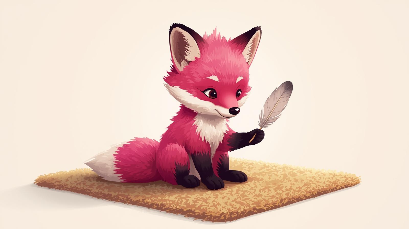Youthful pink fox sitting on a carpet square holding a feather.