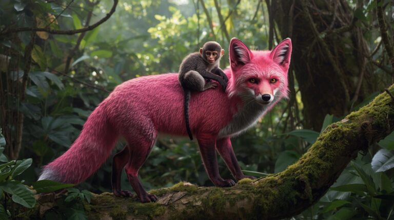 Hot-Pink-Fox-in-the-jungle-with-a-monkey-on-his-back