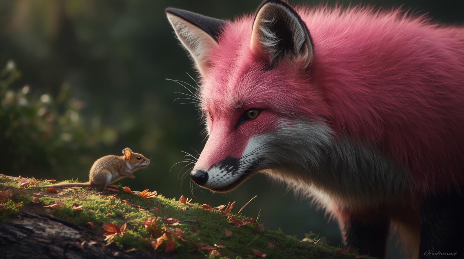 Hot-Pink-Fox-listening-to-a-small-mouse-on-a-log