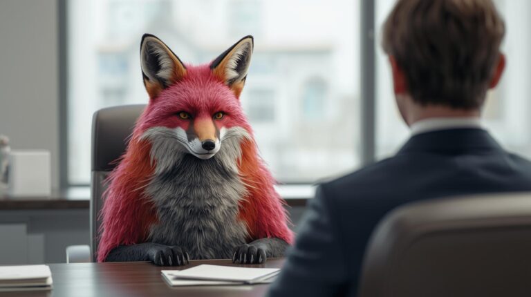 Realistic-hot-pink-fox-interviewing-for-a-job