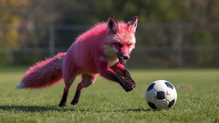 Vibrant-realistic-hot-pink-fox-kicking-a-soccer-ball