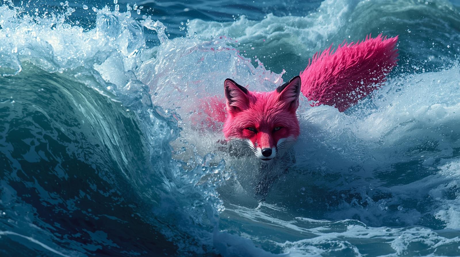 Hot Pink Fox in a big wave of water.