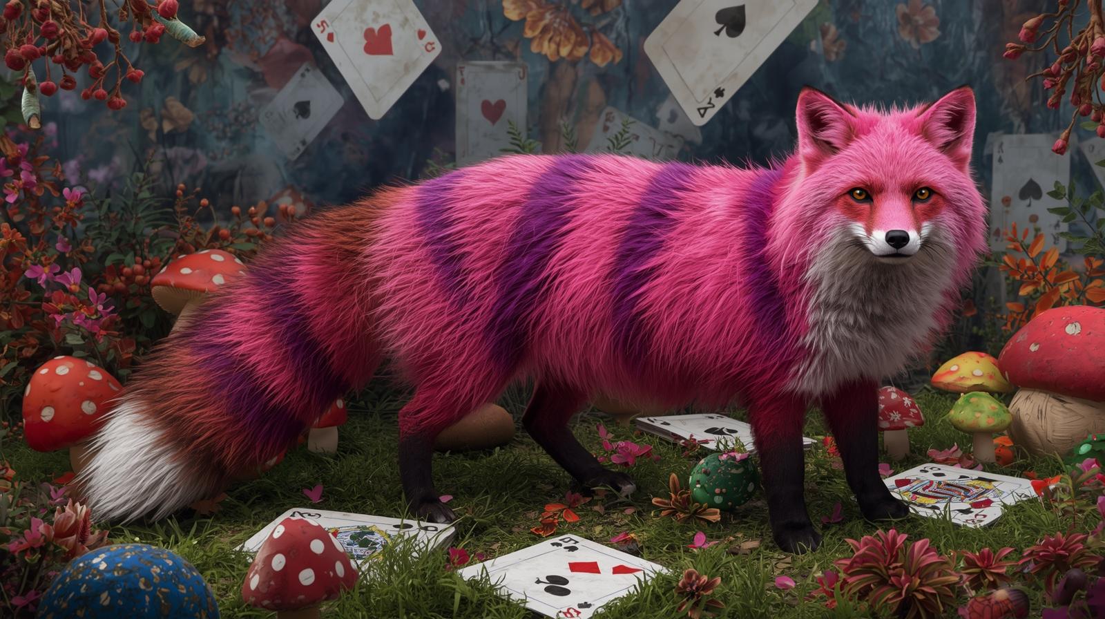 realistic-pink-fox-with-with-large-purple-stripes-and-large-playing-cards-and-mushrooms-in-the-background