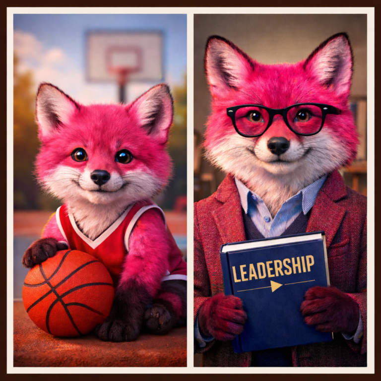 Young fox on the left with a basketball and older fox on the right with a leadership book.