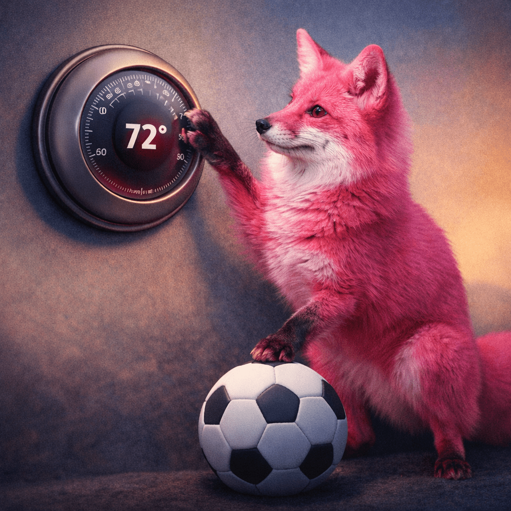 Pink fox with its foot on a soccer ball and hand on a thermostat.