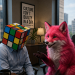 Hot pink fox talking to a man that has a rubrics cube as a head.