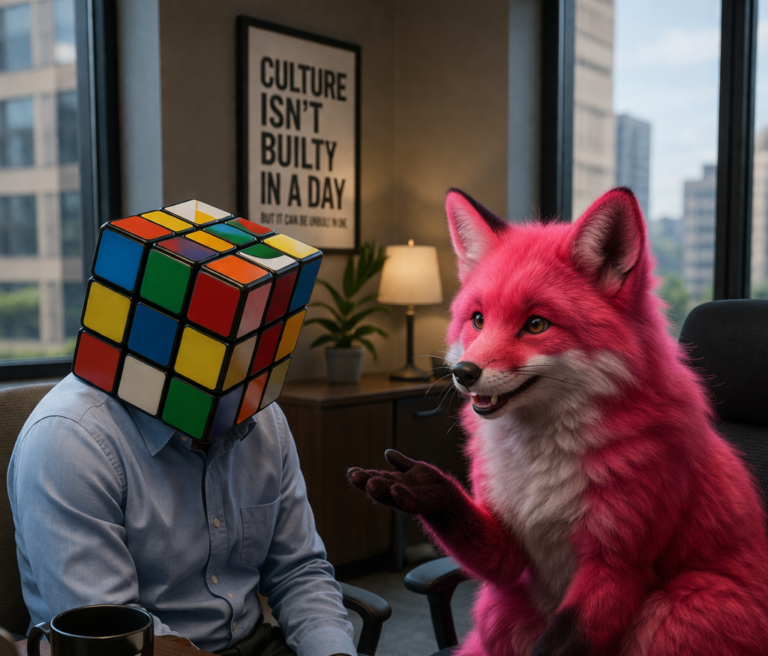Hot pink fox talking to a man that has a rubrics cube as a head.