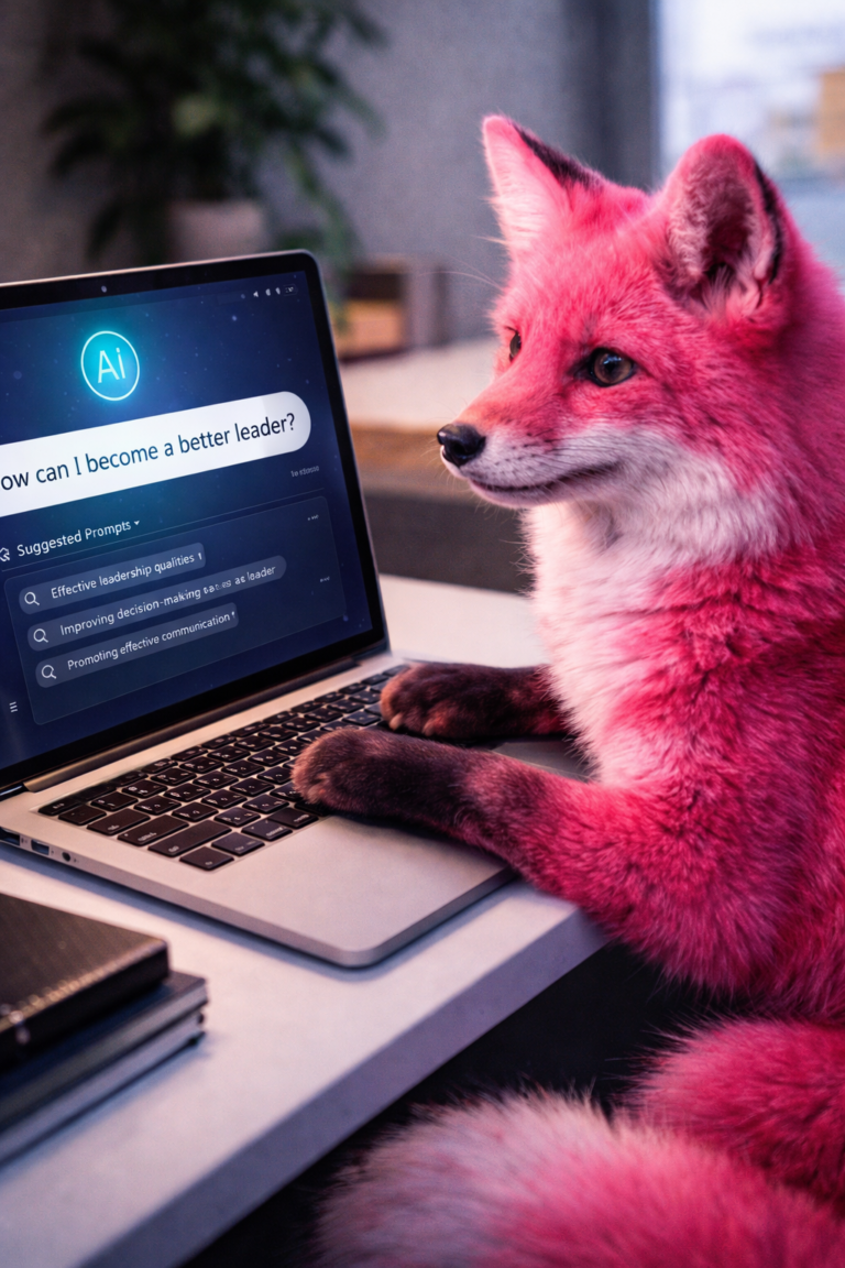 Hot pink fox sitting at a laptop typing.