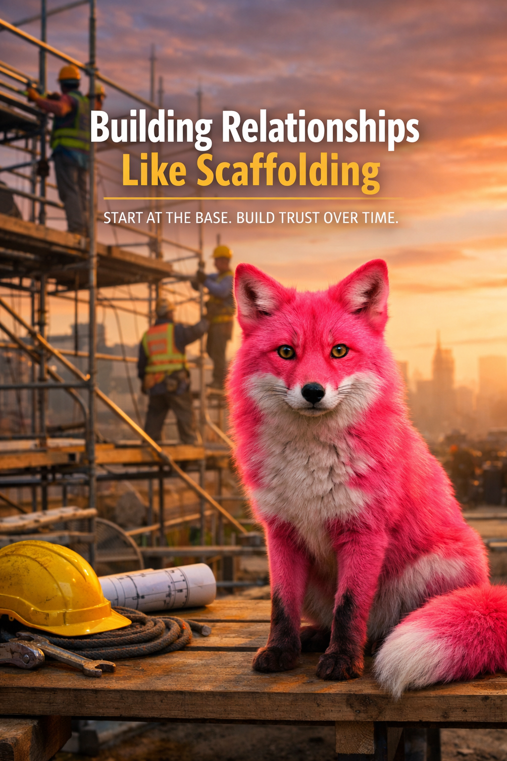 Fox at a job site with text that says Building Relationships like Scaffolding.