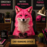 Hot pink fox siting at a desk with a sign that says chief reminding officer.