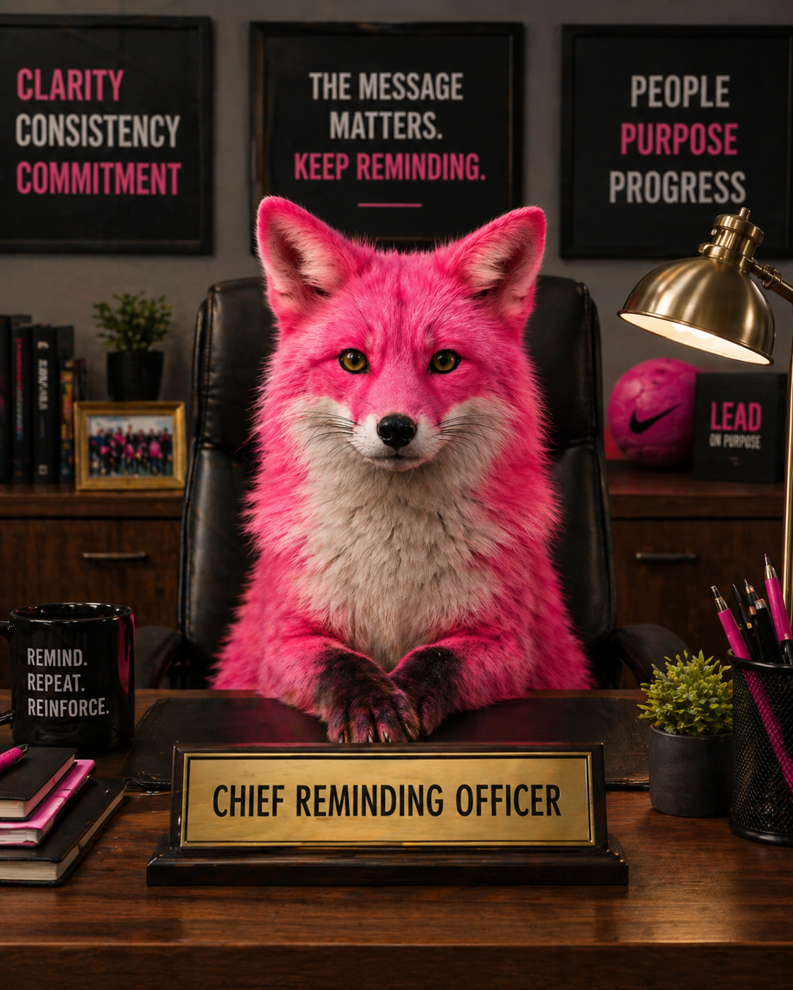 Hot pink fox siting at a desk with a sign that says chief reminding officer.