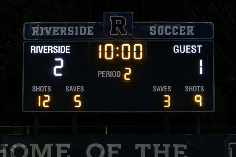 Black soccer scoreboard with 10:00 minutes left in the match.